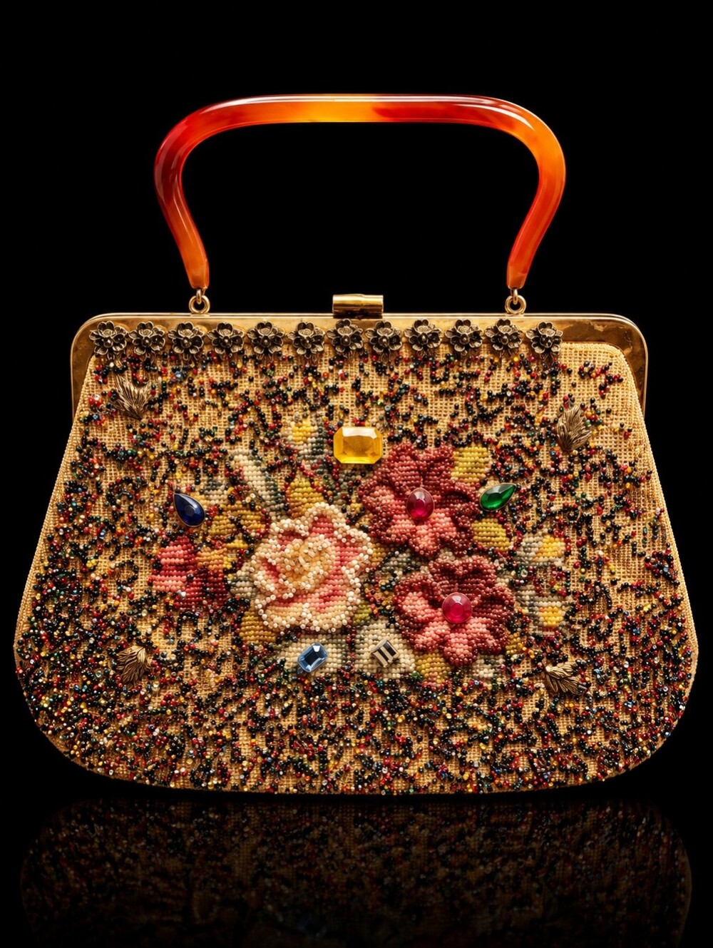 Vintage 1950s SOURE New York Jeweled Beaded Needlepoint Lucite Handle Handbag